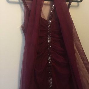 Alpha Beta Burgundy Beaded Chiffon Evening Gown